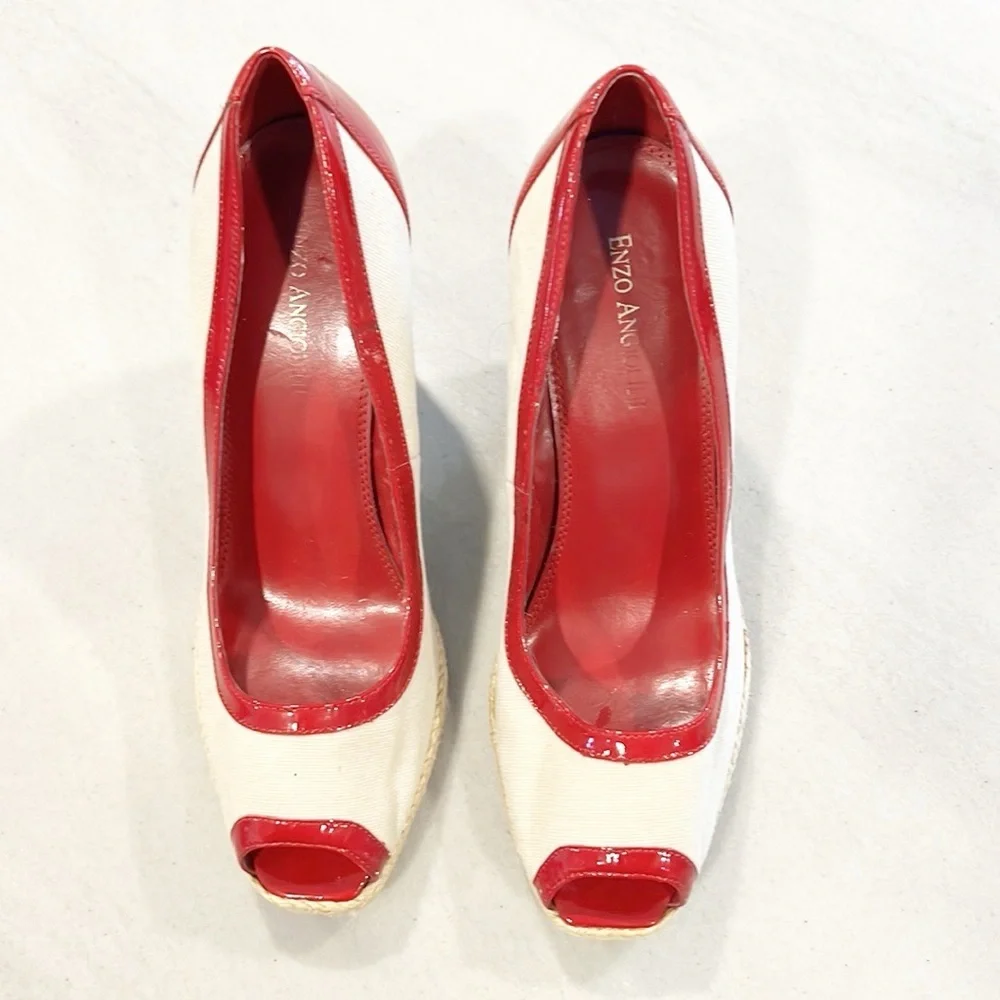 Enzo Angiolini Wedges Espadrille red and tan Patent Leather heels size 7.5